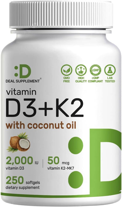 DEAL SUPPLEMENT Vitamin D3 2,000 IU + K2 MK7 50mcg Softgels | 2-in-1 Complex with Virgin Coconut Oil | Supports Heart, Bone, Teeth & Immune Health | Easy to Swallow