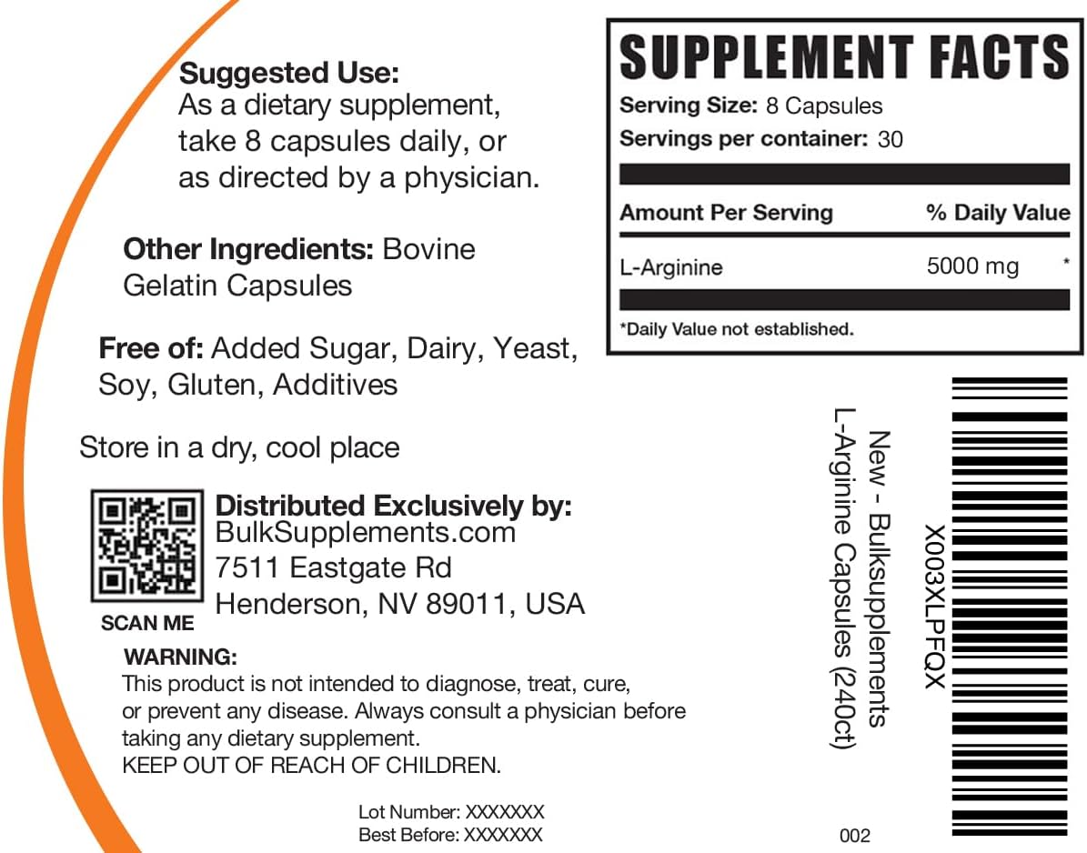 BulkSupplements.com L-Arginine Capsules - Arginine Supplement, Nitric Oxide Supplement - Gluten Free, 8 Capsules per Serving (5000mg), 240 Count (Pack of 1)