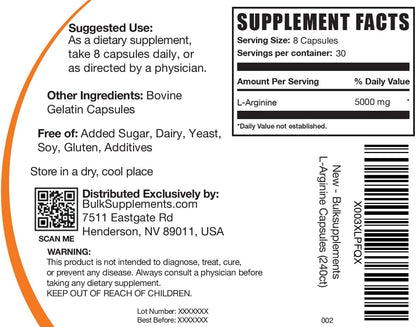 BulkSupplements.com L-Arginine Capsules - Arginine Supplement, Nitric Oxide Supplement - Gluten Free, 8 Capsules per Serving (5000mg), 240 Count (Pack of 1)