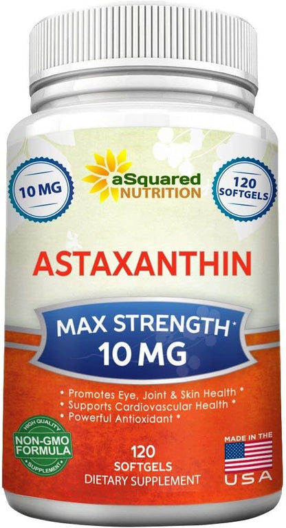 aSquared Nutrition Astaxanthin Supplement - Natural Astaxanthin Pills from Haematococcus Pluvialis Extract for Pure Energy - Max Strength 10mg - 120 Softgels