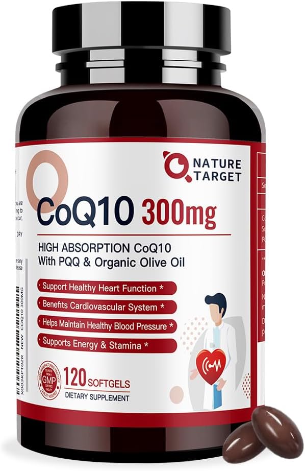 NATURE TARGET CoQ10-300mg-Softgels + PQQ with Organic-Olive-Oil - High Absorption-Coenzyme-Q10 - Antioxidant-for-Heart-Health and Immune Support, Energy Production, 120 Servings | High Absorption Coenzyme Q10 with BioPerine, Antioxidant for Heart, Brain,