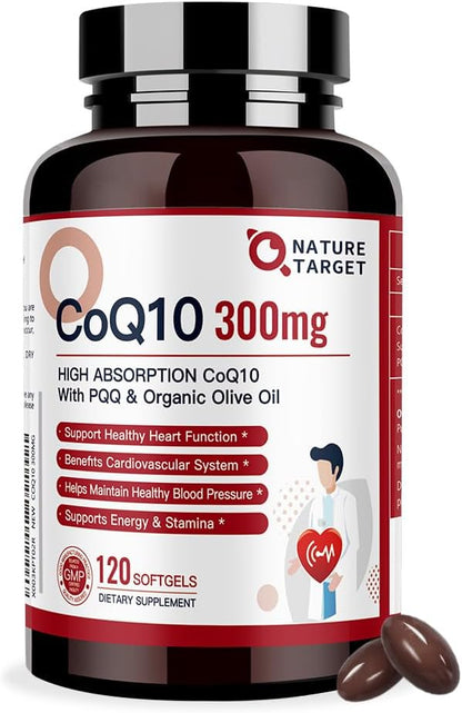 NATURE TARGET CoQ10-300mg-Softgels + PQQ with Organic-Olive-Oil - High Absorption-Coenzyme-Q10 - Antioxidant-for-Heart-Health and Immune Support, Energy Production, 120 Servings | High Absorption Coenzyme Q10 with BioPerine, Antioxidant for Heart, Brain,