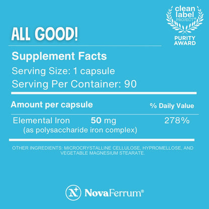 NovaFerrum All Good | Iron Capsule Supplements for Adults | Anemia | 50mg of Iron | 90 Servings | Sugar Free | Vegan | Gluten Free