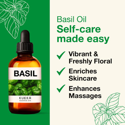 Kukka Basil Essential Oil for Diffusers - Basil Essential Oil for Skin - Basil Oil for Aromatherapy, Skin, Fragrance
