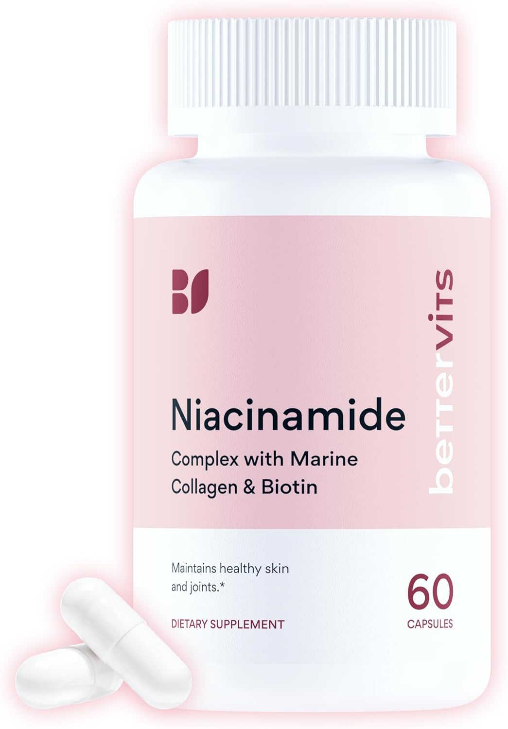 Bettervits Niacinamide Supplement with Vitamin B3, Marine Collagen & Hyaluronic Acid | High-Strength Vitamin B3 Capsules 300 mg. with Turmeric for Energy Metabolism & Skin Support - 60 Capsules