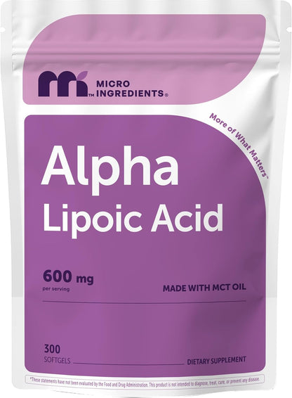 Micro Ingredients Alpha Lipoic Acid 600mg Per Serving, 300 Softgels | ALA Supplement | Made with MCT Oil| Non-GMO, Gluten-Free, Soy-Free