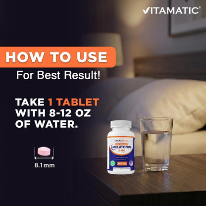 Vitamatic Melatonin 5 mg Tablets | Vegetarian, Non-GMO, Gluten Free | 1 Year Supply | Natural Berry Flavor - 365 Tablets