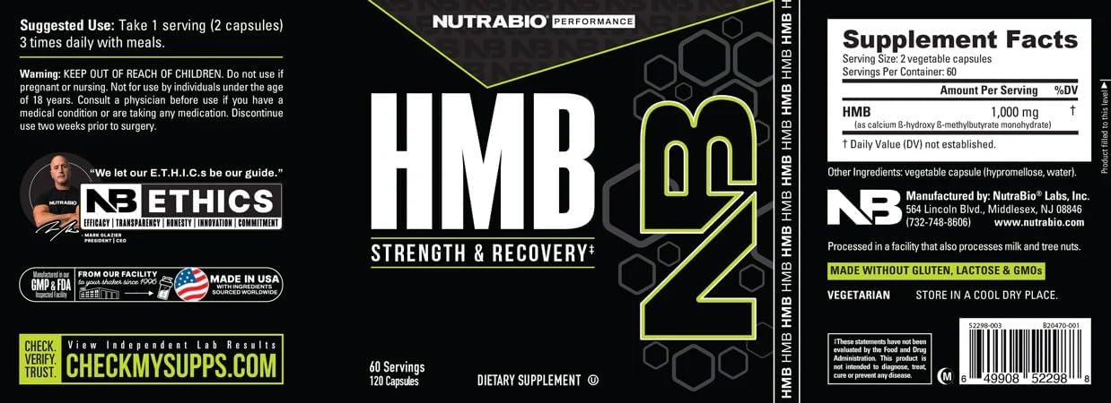 NutraBio HMB Supplement, Amino Acid, 1000mg, 120 Capsules