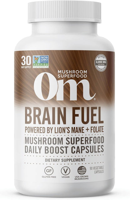 OM MUSHROOM SUPERFOOD Brain Fuel Mushroom Powder Capsules Superfood Supplement, 90 Count, 30 Days, Lion's Mane, Reishi Blend Plus Folate, Mental Clarity, Mushroom Supplement