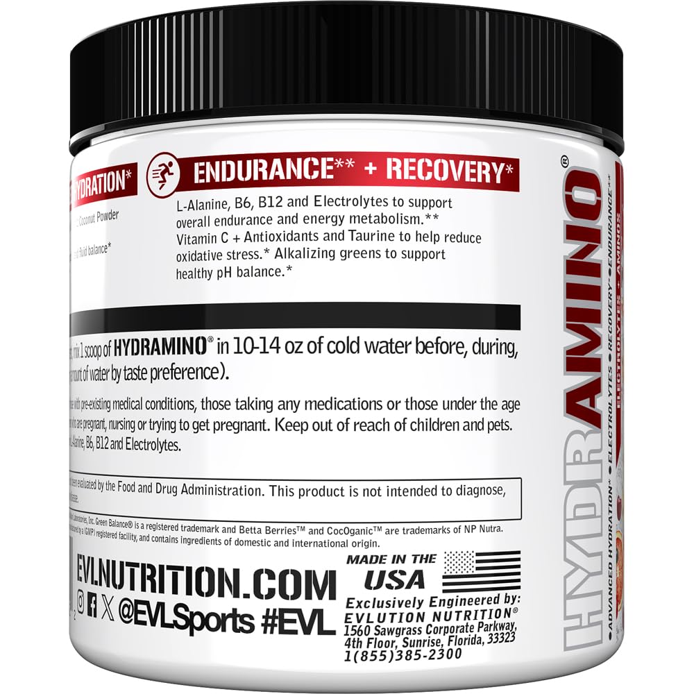 Evlution Nutrition HYDRAMINO Complete Hydration Multiplier, 6 Electrolytes, Vitamin C & B, Fluid Boosting Aminos, Coconut Water, Endurance, Recovery, Antioxidants, 30 Serve, Orange Mango (Dye Free)