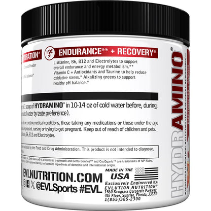 Evlution Nutrition HYDRAMINO Complete Hydration Multiplier, 6 Electrolytes, Vitamin C & B, Fluid Boosting Aminos, Coconut Water, Endurance, Recovery, Antioxidants, 30 Serve, Orange Mango (Dye Free)