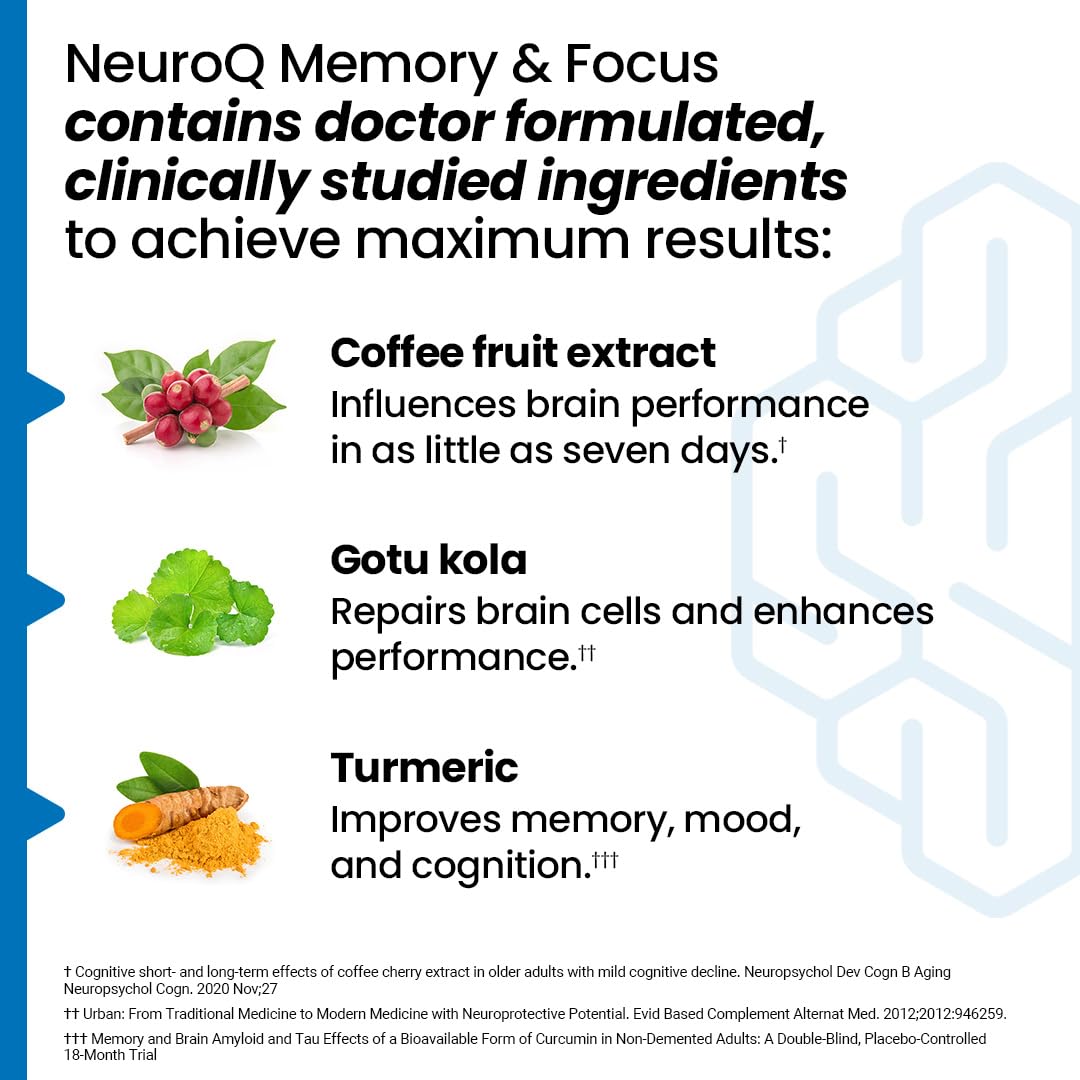 NeuroQ Memory & Focus | Formulated by Neurologist Dr. Dale Bredesen | Addresses All 4 Causes of Cognitive Decline | Ginkgo Biloba, Phosphatidylserine, Gotu Kola, Coffee Fruit, Turmeric & Propolis