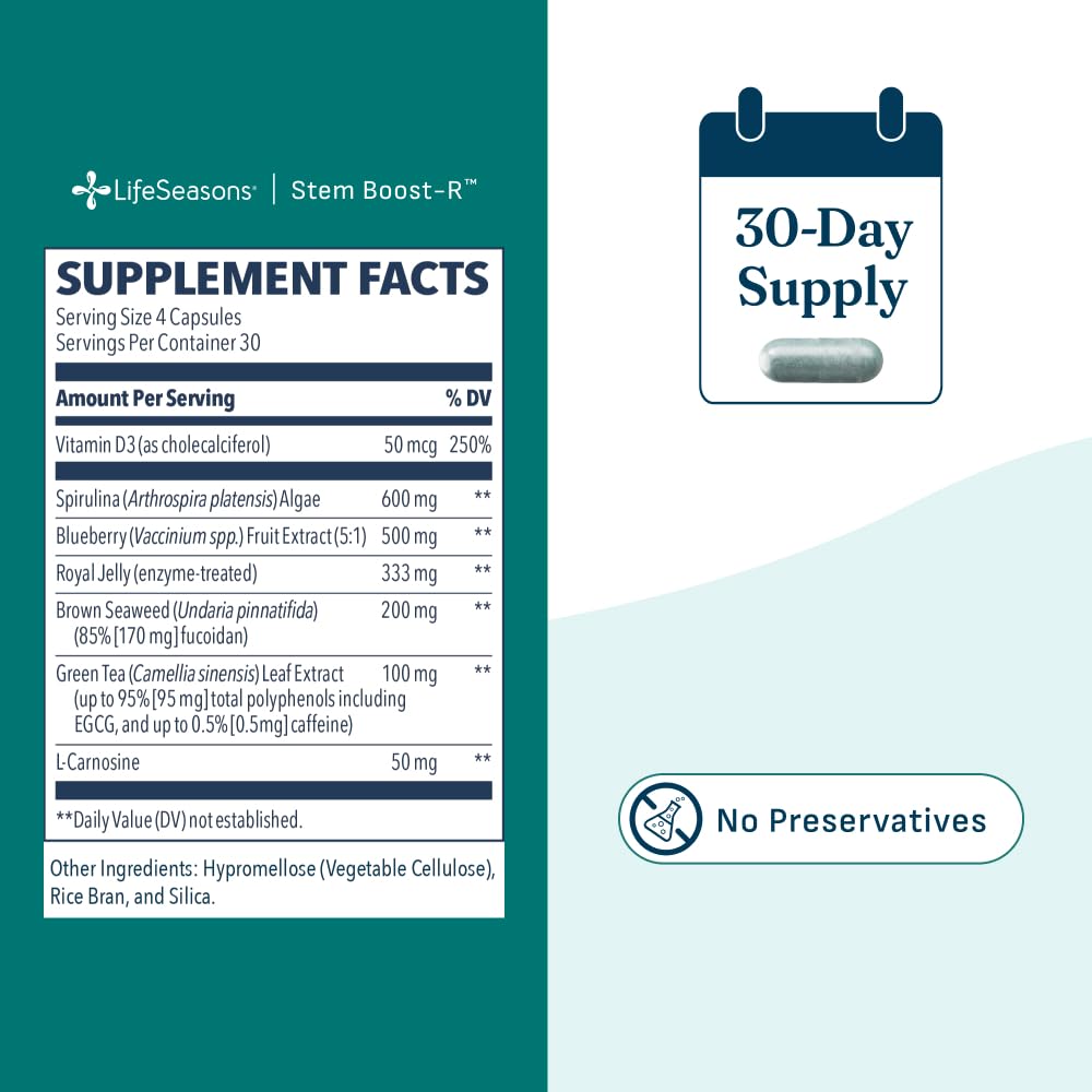 LifeSeasons Stem Boost-R - Stem Cell Support - Naturally Repair Damaged Tissue - Vitamin Supplement Rich in Antioxidants - Royal Jelly, Spirulina, Blueberry, Brown Seaweed & L-Carnosine - 120 Capsules
