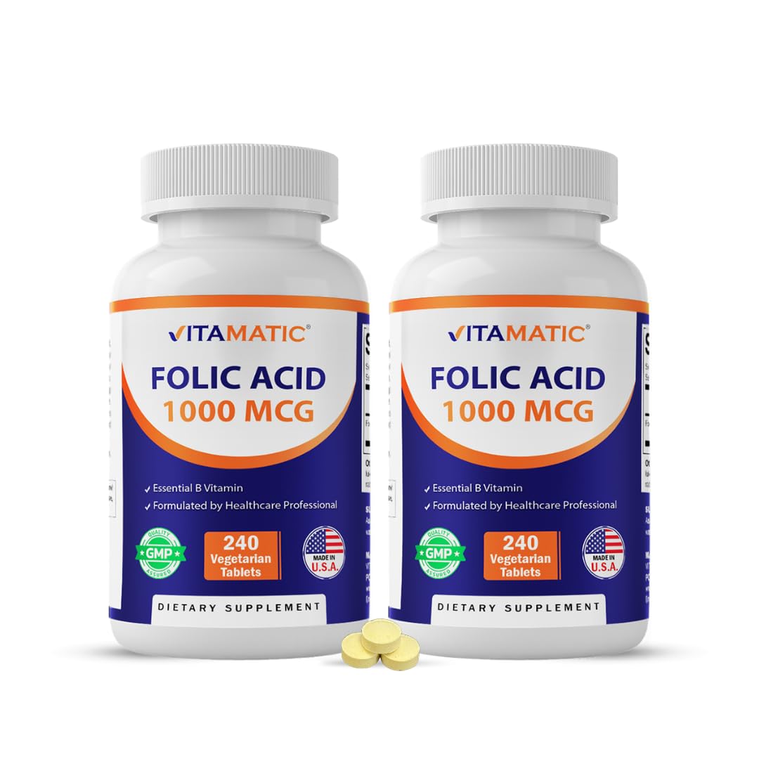 Vitamatic Folic Acid 1000 mcg (1 mg), 240 Vegetarian Tablets | Vitamin B9 | 1667 mcg DFE Folate, Support Healthy Cell Growth*, Red Blood Cell Formation*, Gluten Free, Non-GMO, Made in USA