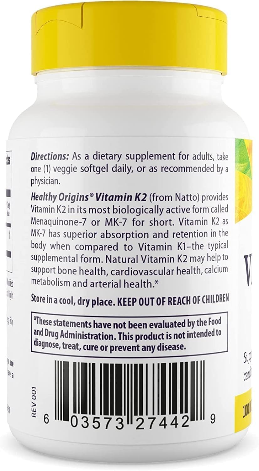 Healthy Origins Vitamin K2 100 mcg (MK-7, Non-GMO, Gluten Free, Cardiovascaular Support, Bone Support), 180 Veggie Gels