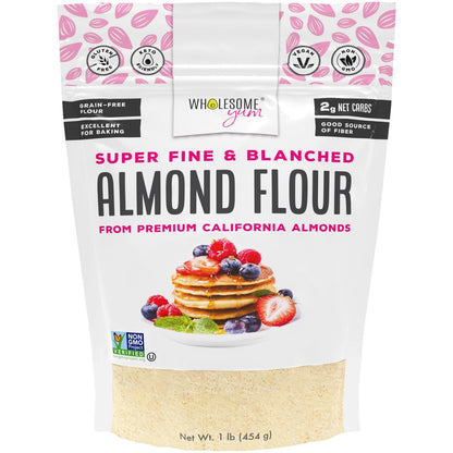Wholesome Yum Premium Fine Blanched Almond Flour For Baking, Keto, Low Carb | Gluten Free, Keto Friendly All-Purpose Flour Substitute With Ground Almonds. Very Fine Grind, Made in USA (16oz / 1lb)