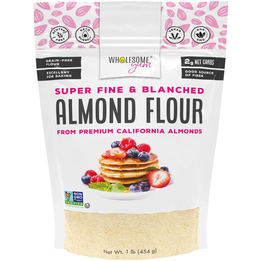 Wholesome Yum Premium Fine Blanched Almond Flour For Baking, Keto, Low Carb | Gluten Free, Keto Friendly All-Purpose Flour Substitute With Ground Almonds. Very Fine Grind, Made in USA (16oz / 1lb)