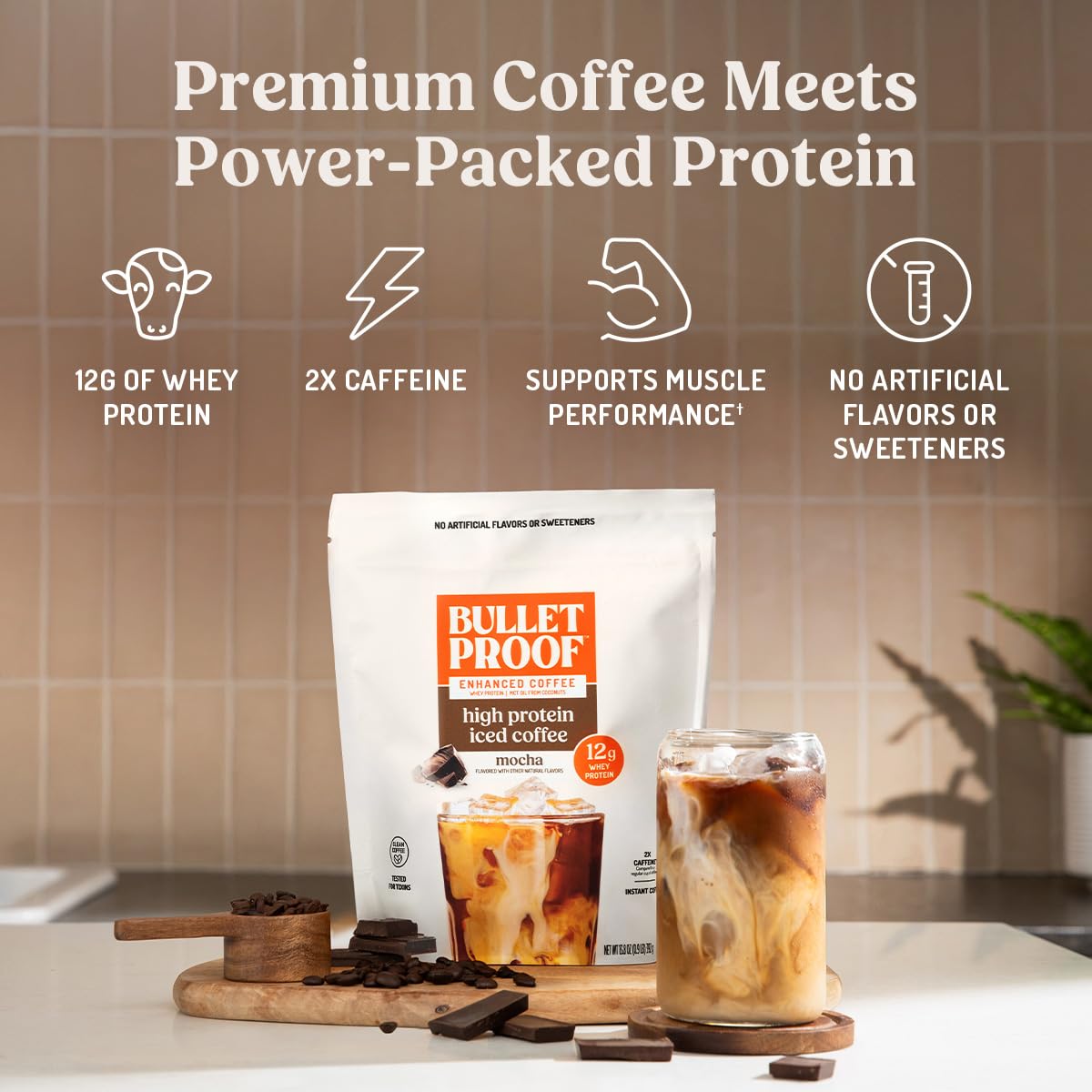 Bulletproof Iced Protein Coffee, Mocha, 12g Whey Protein + MCT Oil, 170mg Caffeine, Instant Coffee from Real Beans & Cocoa, Tested for Toxins, No Artificial Flavors & Sweeteners, 14 Servings