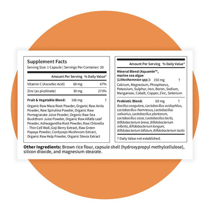 Pattern Wellness Zinc Complex – Supports Immune, Skin & Digestive Health – High Absorption Zinc with Vitamin C, Probiotics & Natural Blends – 30 Vegan Capsules