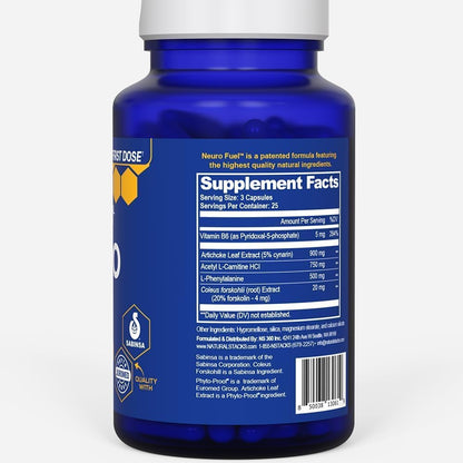 NeuroFuel Nootropic Brain Supplement For Memory And Focus, 75 Capsules | 750mg L-Carnitine and 500mg L-Phenylalanine support mental performance. Take before deep work, study, or creative time.