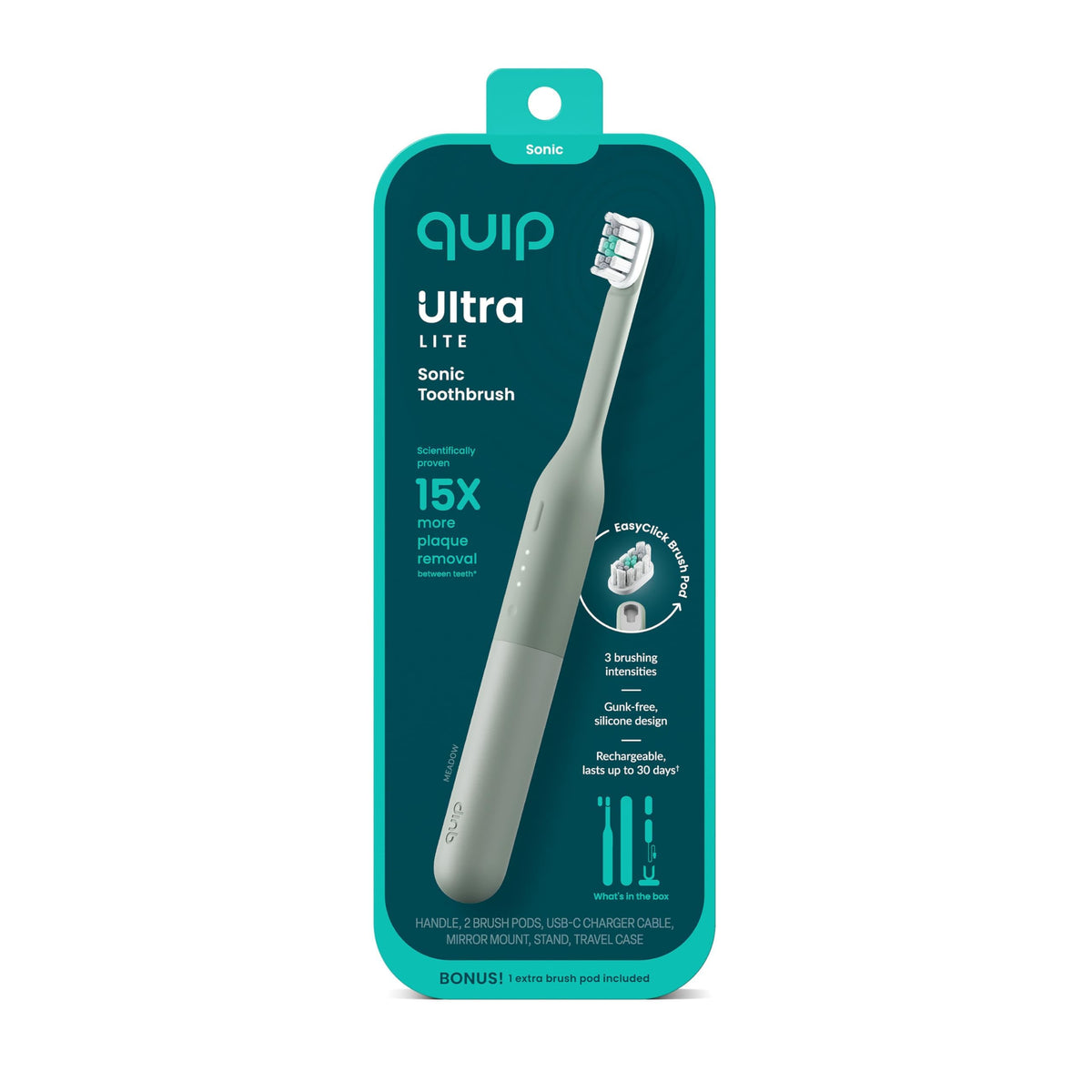 Quip Ultra Lite Sonic Electric Toothbrush, 3 Modes, Mirror Mount, Ash