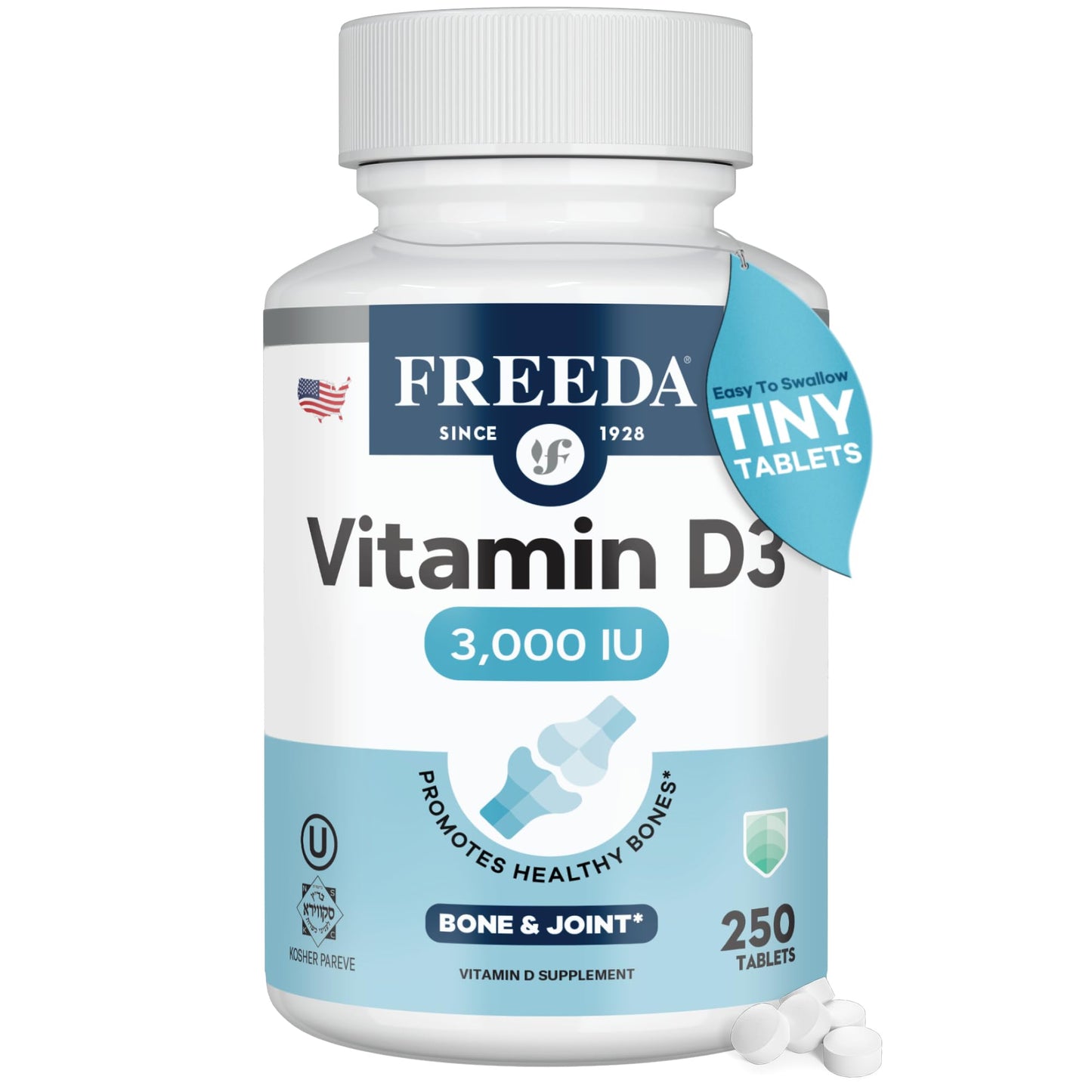 FREEDA Vitamin D3-3000 IU - Pure High Potency Kosher Supplement Tablets - Bone and Muscle Health, Calcium Absorption, Immune Support for Men and Women* - 100 Tiny Tablets | Supports Bone, Muscle & Immune Health – Helps Calcium Absorption – Easy-to-Swallow