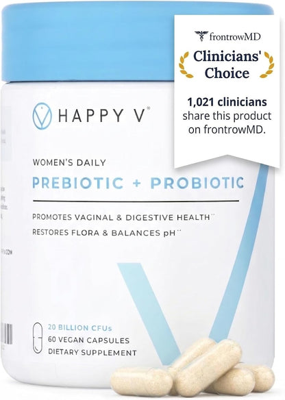 Happy V Dr. Formulated Vaginal Probiotics for Women Odor & Itch Support, Urinary & Gut Health, pH Balance | Womens Daily Probiotic with Patented Prebiotics & Lactobacillus for Feminine Wellness