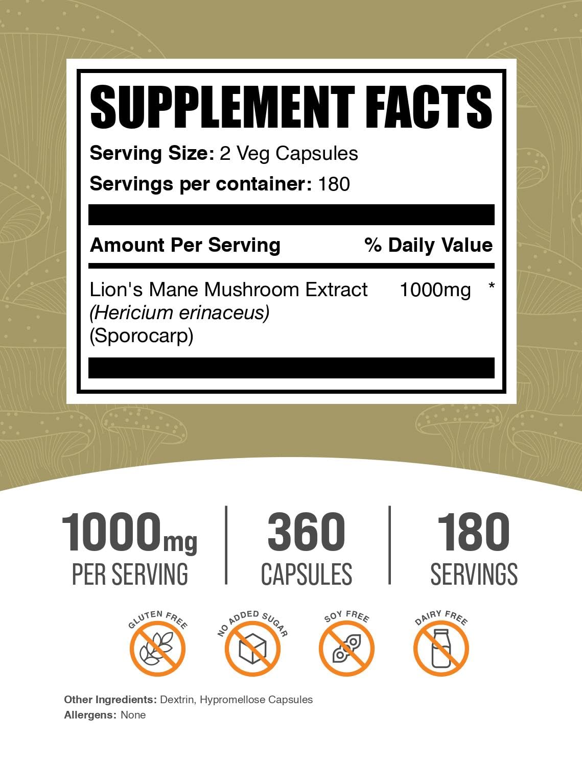 BulkSupplements.com Lion's Mane Mushroom Extract Capsules - Mushroom Supplement, Brain Supplement for Memory and Focus Support - Vegan, 2 Capsules per Serving (1000mg), 360 Capsules (Pack of 1)