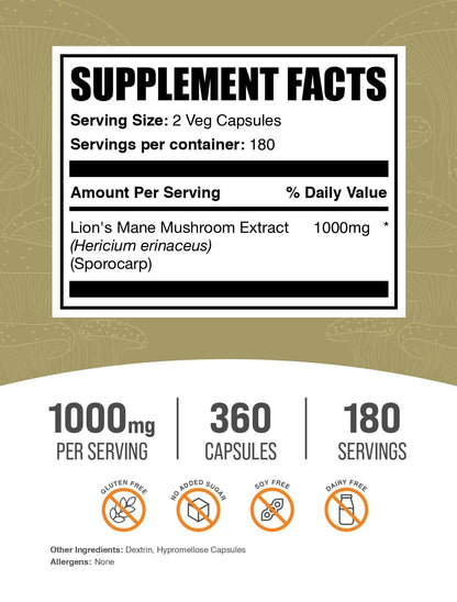 BulkSupplements.com Lion's Mane Mushroom Extract Capsules - Mushroom Supplement, Brain Supplement for Memory and Focus Support - Vegan, 2 Capsules per Serving (1000mg), 360 Capsules (Pack of 1)