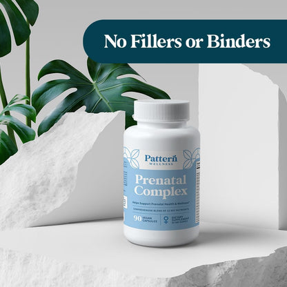 Pattern Wellness Prenatal Complex for Women – Prenatal Vitamin with DHA, Folate, Iron, Probiotics & Biotin – Support from Preconception to Postpartum - 90 Capsules