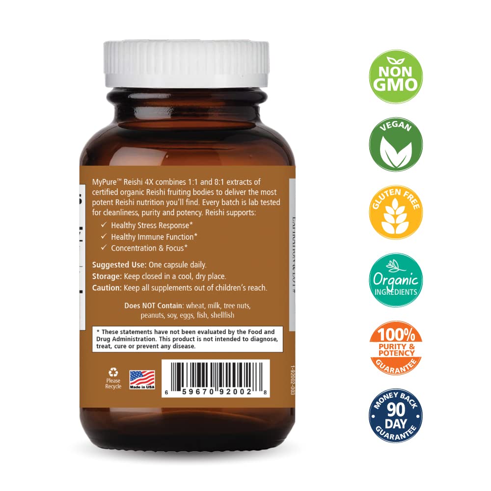 PURE ESSENCE LABS MyPure Reishi 4X Organic Mushrooms Supplement - 100% Real Mushroom Extract for Immune Support, Stress Relief, Build Energy (60 Capsules)
