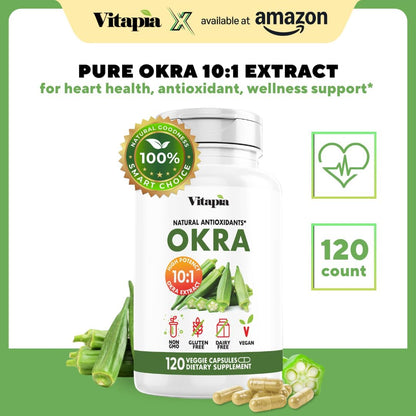 Vitapia Okra Extract - Heart Health, Antioxidant, Gut & Digestion, Wellness Support - 10:1 Ratio & 120 Veggie Capsules - Non-GMO, Gluten-Free, Vegan Supplement