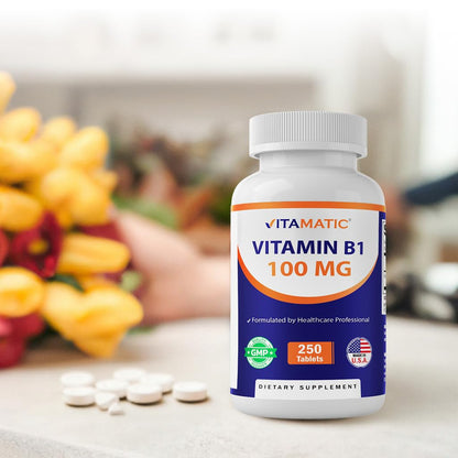 Vitamatic Vitamin B1 100 mg, 250 Tablets, Non-GMO, Thiamine | Support Energy Metabolism & Nervous System Health*, Gluten Free, Made in USA