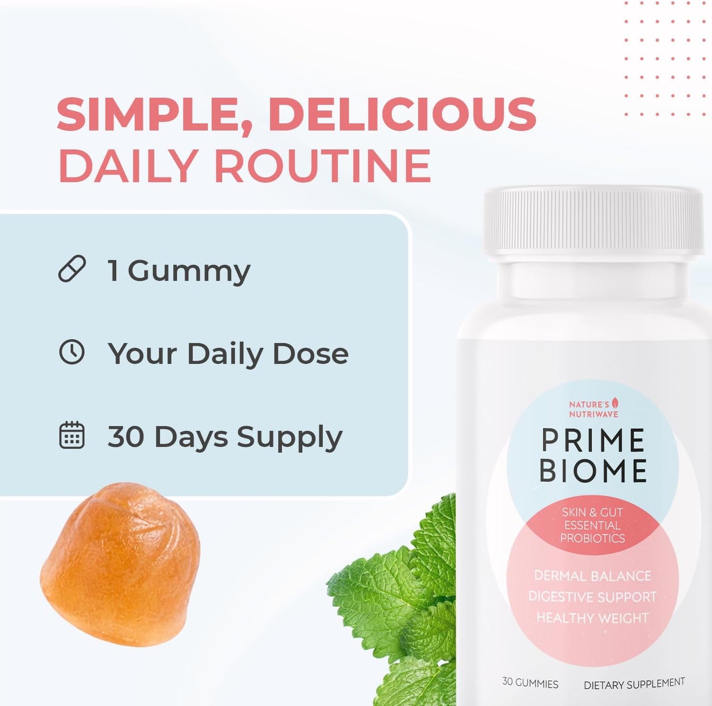 PrimeBiome Gummies – Inulin, Lion's Mane & Ginger – 30 Ct, 1 Month Supply | Prebiotic Inulin, Lion's Mane & Ginger | Non-GMO, No Stimulants, GMP Certified | Chewable daily gummy