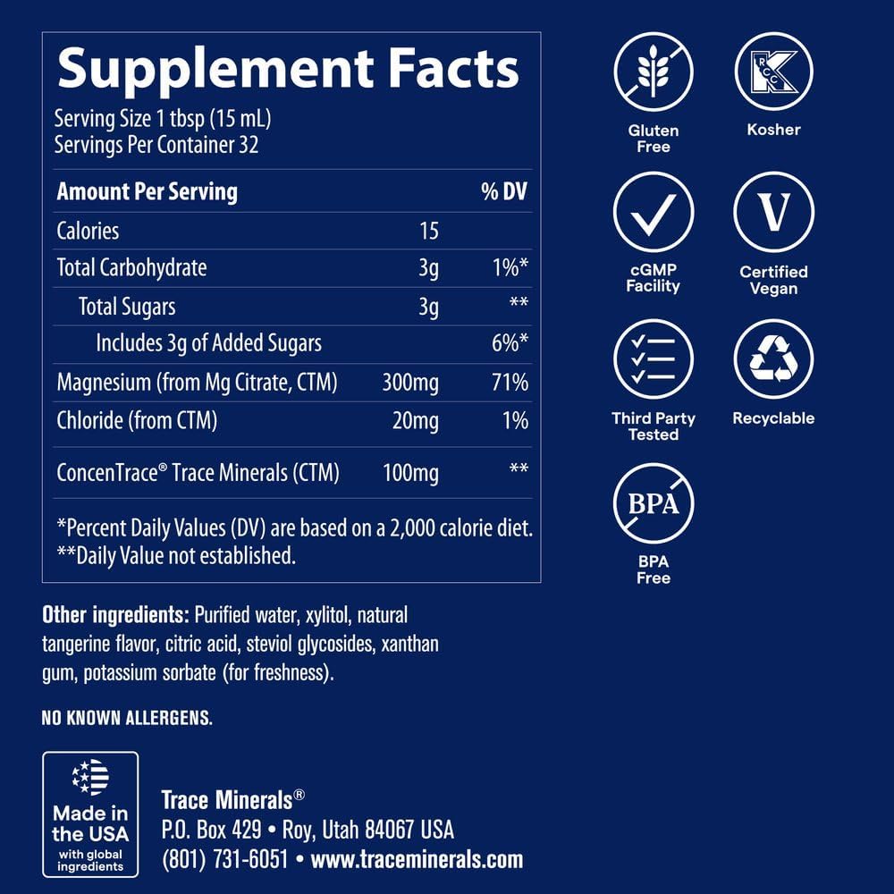 Trace Minerals Liquid Magnesium Supplement, 300 mg, 16 fl oz, Tangerine