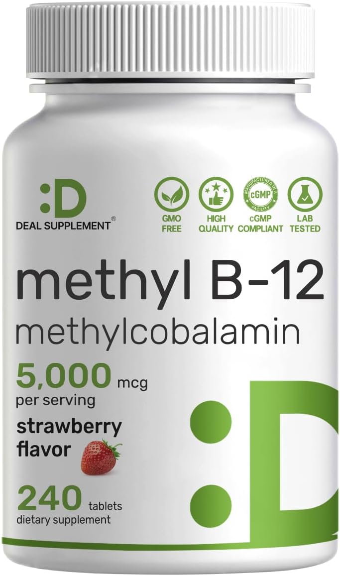 DEAL SUPPLEMENT Methyl B-12 Vitamins 5000 mcg Per Serving, 240 Tablets | Active Form - Strawberry Flavored - Vitamin B12 Supplement for Women & Men - GMO Free & Gluten Free