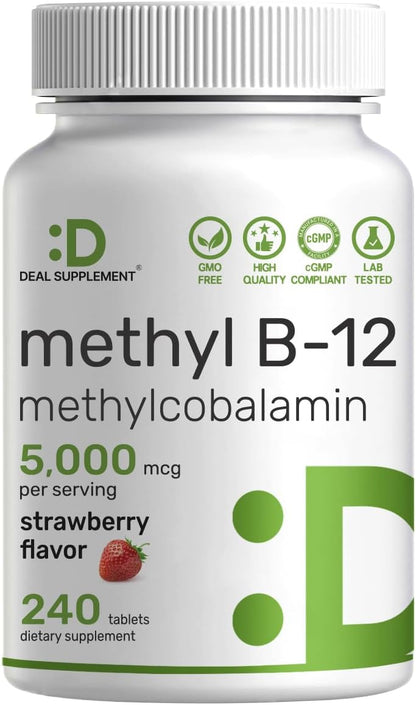 DEAL SUPPLEMENT Methyl B-12 Vitamins 5000 mcg Per Serving, 240 Tablets | Active Form - Strawberry Flavored - Vitamin B12 Supplement for Women & Men - GMO Free & Gluten Free