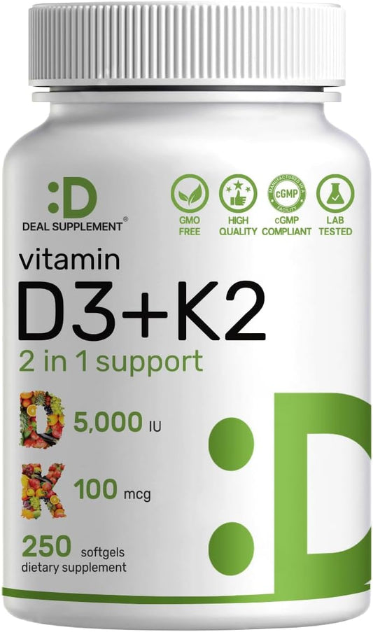 DEAL SUPPLEMENT Vitamin D3 5,000 IU + K2 MK7 Softgels, 250 Count | 2-in-1 Complex | Easy to Swallow