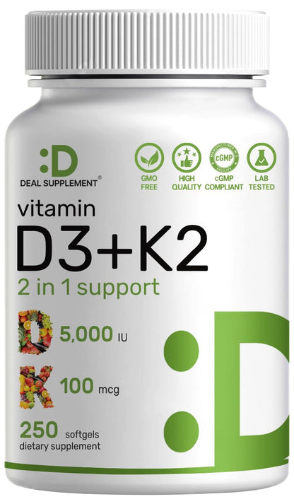DEAL SUPPLEMENT Vitamin D3 5,000 IU + K2 MK7 Softgels, 250 Count | 2-in-1 Complex | Easy to Swallow