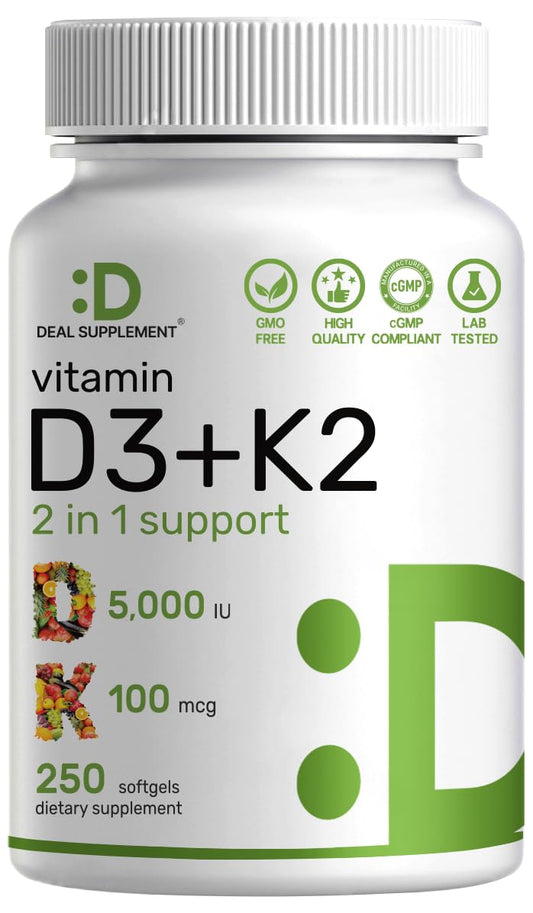 DEAL SUPPLEMENT Vitamin D3 5,000 IU + K2 MK7 Softgels, 250 Count | 2-in-1 Complex | Easy to Swallow