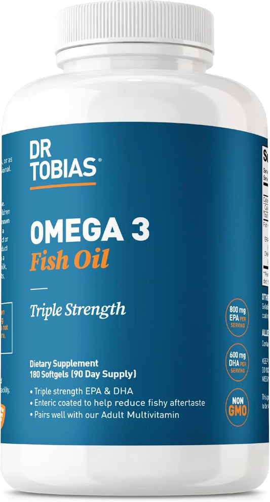 Dr. Tobias Omega 3 Fish Oil 2000mg Triple Strength | 180 Softgels | Heart, Brain & Joint Support | 2,000 mg Fish Oil | 800 mg EPA + 600 mg DHA | Delayed Release Omega 3 Supplement | 90 Servings