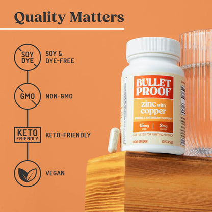 Bulletproof Zinc with Copper Capsules, 60 Count, Minerals and Antioxidant Supplement for Immunity and Mood