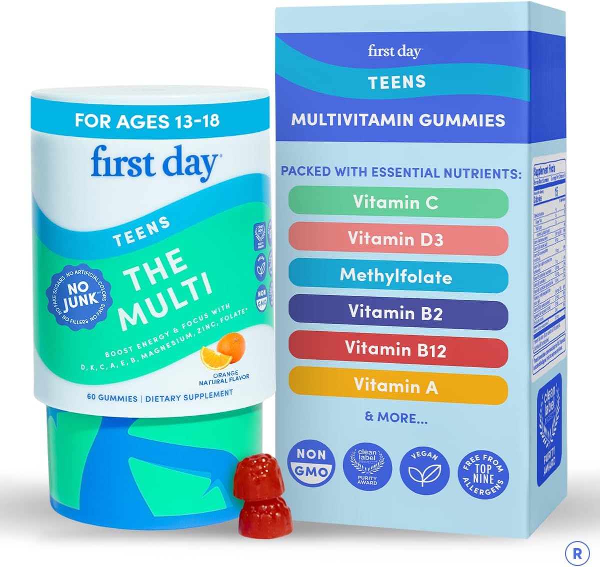 FIRST DAY Teen Multivitamin Gummy with Organic Fruit & Veggie Blend, 60 ct. | Vegan teen vitamins for ages 13-18 with 12 key nutrients, methylfolate, magnesium and zinc; 2 daily, 30-day supply.