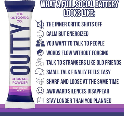 Outty Courage Powder Drink Mix, Acai Berry, 15 Pack | Taurine, L-Theanine, Mucuna Pruriens, GABA, Oroxylin A, zero sugar, caffeine-free, keto-friendly, and made in the USA.