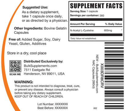 BulkSupplements.com N-Acetyl L-Cysteine Capsules - N-Acetyl Cysteine 600mg, NAC Supplement - 600mg per Capsule, Gluten Free - 1 NAC Capsule per Serving, 360 Capsules (Pack of 1)