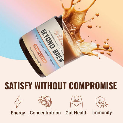 Live Conscious Beyond Brew - Coffee Alternative - Low Caffeine - Mushroom Complex w/Lion’s Mane, Reishi, Cordyceps & Chaga for Sustained Focus, Energy & Immunity - w/Prebiotics & Probiotics - 30