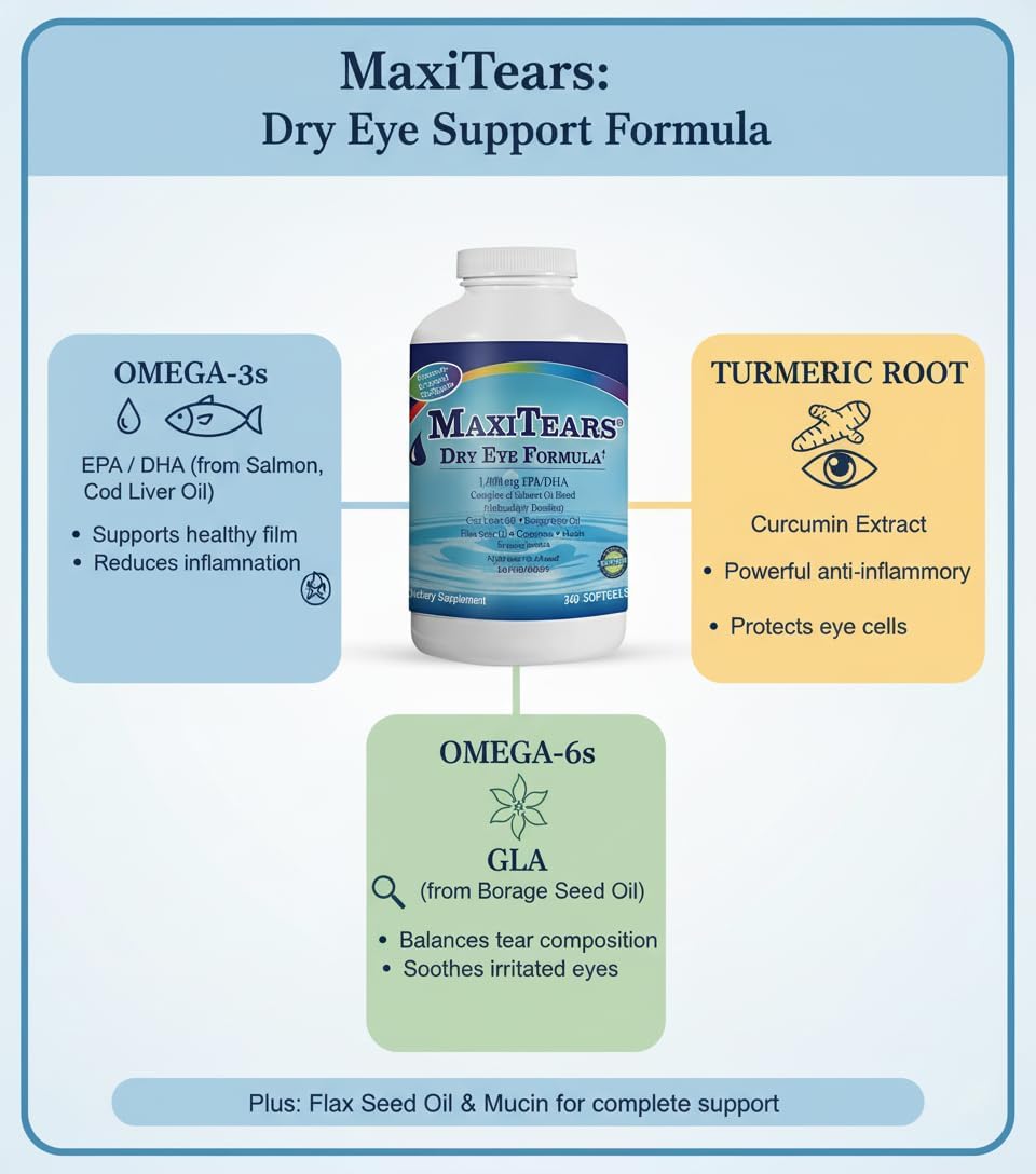 Dry Eye Supplement, Omega-3 Fish Oil Eye Health Supplement for Adults, Enteric-Coated Softgels with Mucin Complex, Turmeric Root, Eye Vitamins A & D3, EPA & DHA, 90-Day Supply, 360 Count