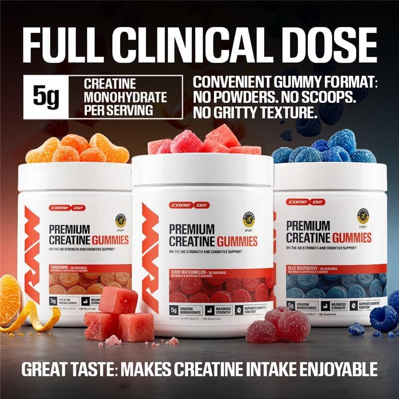 RAW Nutrition Creatine Gummies, Blue Raspberry, 5g Creatine Monohydrate, Supports Strength & High-Intensity Performance, No Mixing Chewable Pre/Post Workout Supplement, 120 Gummies (30 Servings)