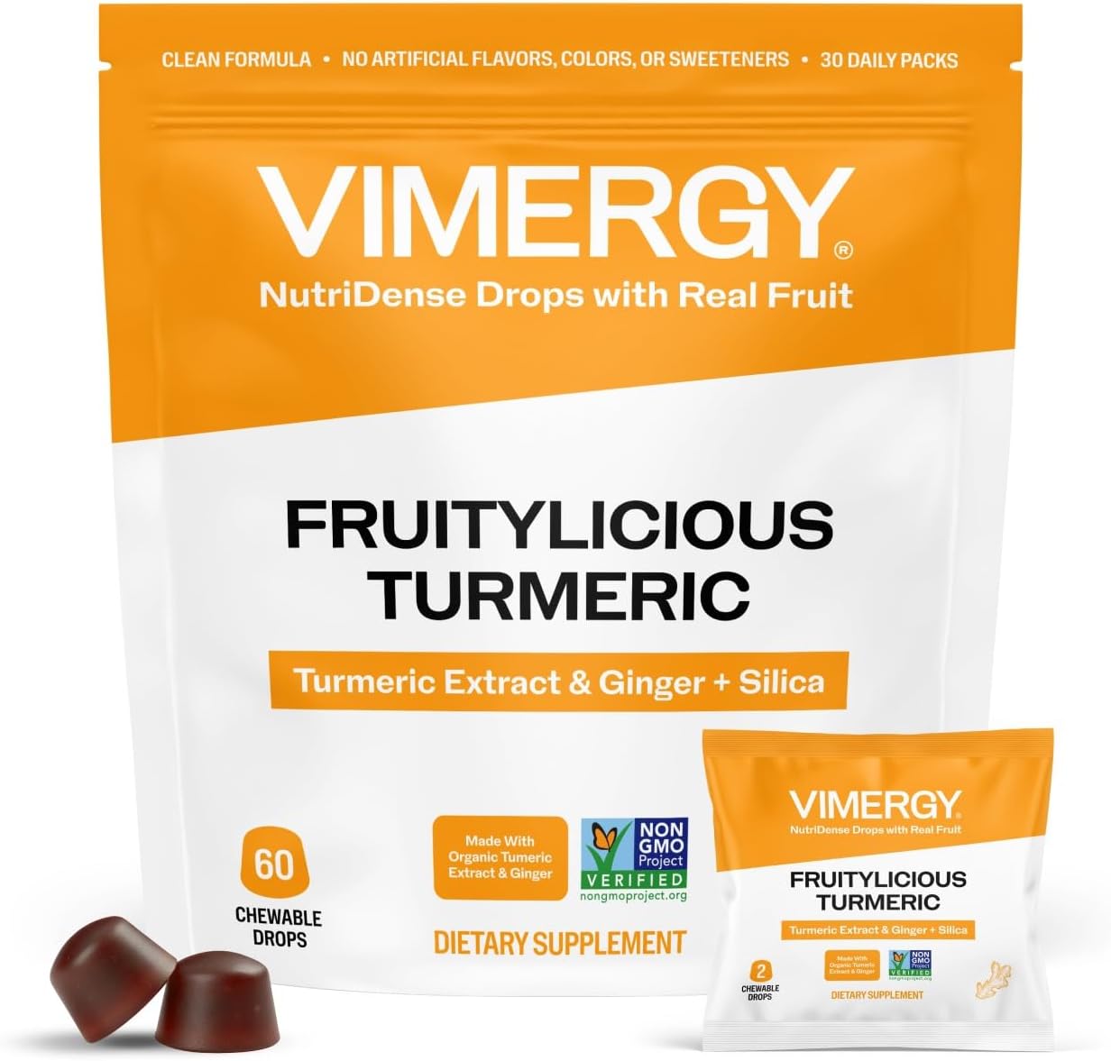 Vimergy NutriDense Fruitylicious Turmeric + Ginger Chewables (300mg Turmeric Extract, 22mg Silica, 10mg Ginger per Serving) Vegan, Mobility Support, 30 Servings (60 Count)