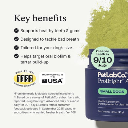 PetLab Co. ProBright Advanced Dental Powder, Small Dogs, 30 Scoops | Three-Time Award-Winning* formula shown to support tartar reduction and fresh breath in 28 days, One scoop daily